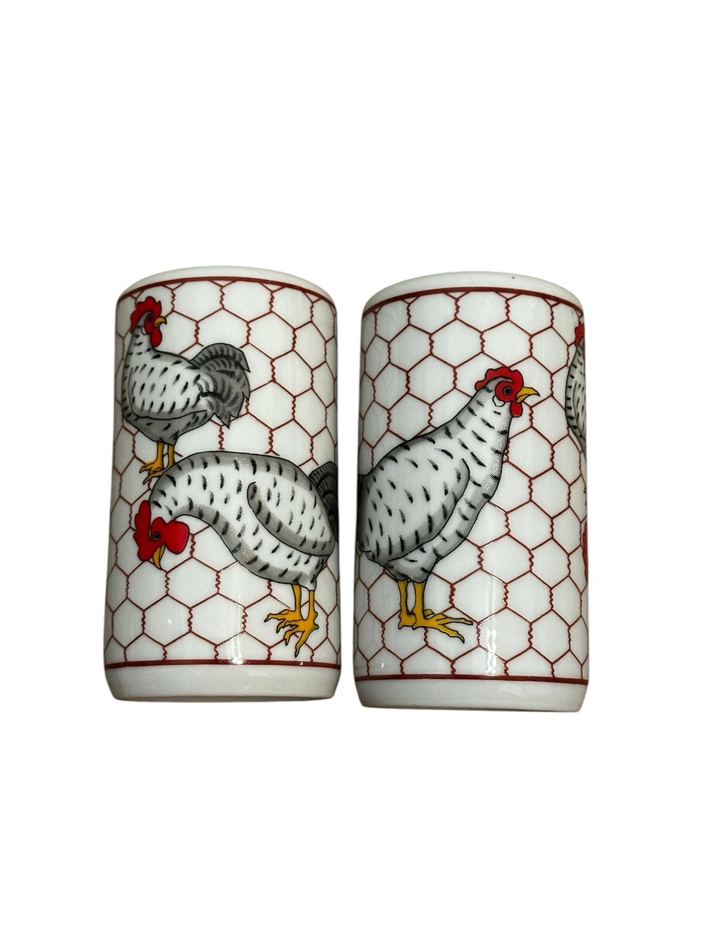 Vintage Takahashi Ceramic Salt & Pepper Shakers Farm Country Chickens Wire